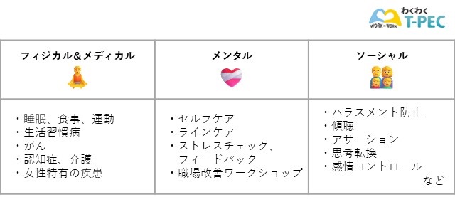 ティーペックの研修サービスのテーマ（フィジカル＆メディカル、メンタル、ソーシャル）についてまとめた図