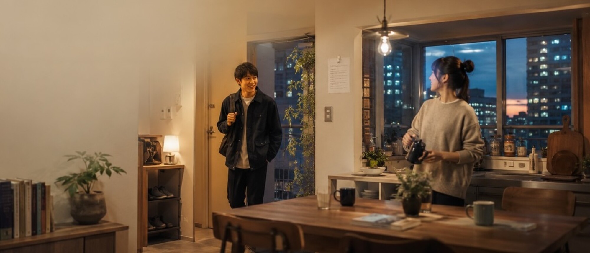 夜のシェアハウスのリビング。帰宅した住人と、キッチンにいる住人が言葉を交わしている