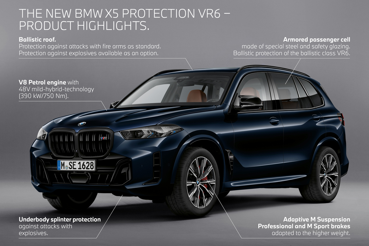 X5 Protection VR6車頂、車門等多處採用高強度鋼材製成,車底有有配置鋁質防彈護板。
