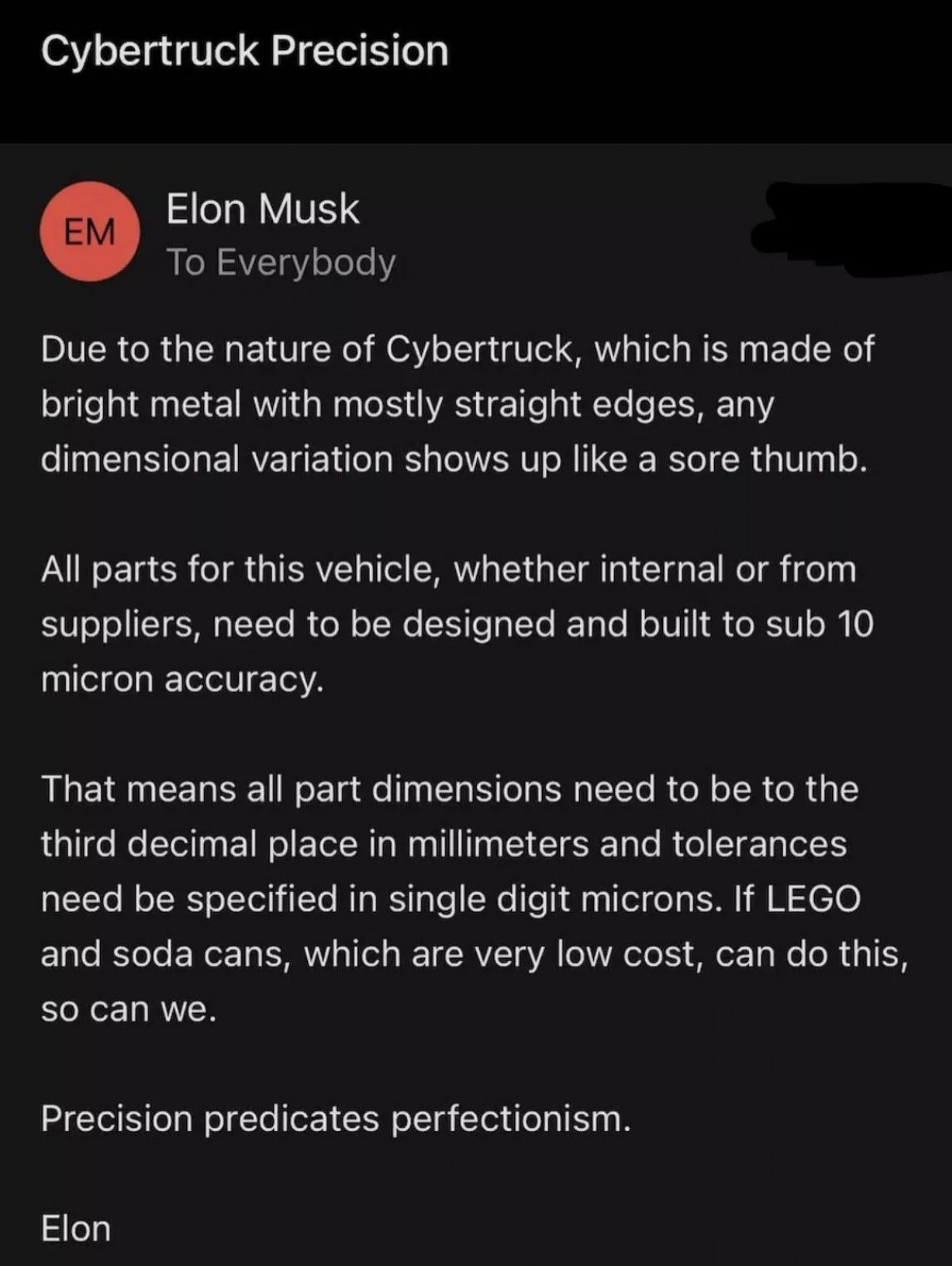 先前Elon Musk發布過內部信件,表示這輛車的公差必需要做到非常小才符合標準。