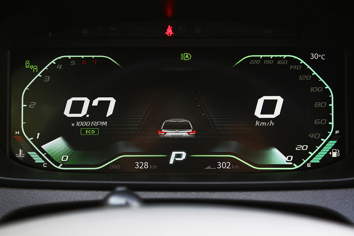 10.25吋全數位液晶儀錶能夠帶來更直覺且豐富的科技體驗,圖示為ECO模式下的綠色顯示畫面。