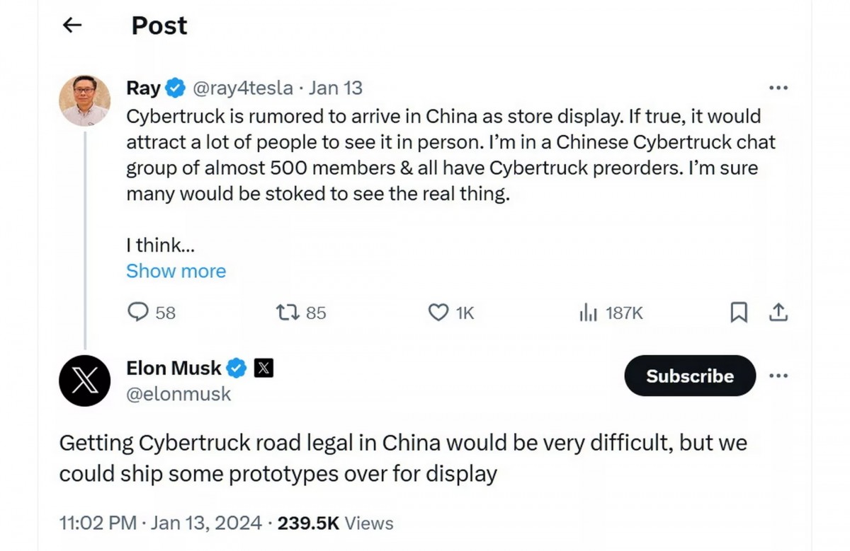 Elon Musk在社群平台上回覆網友貼文,雖然難以上路,但還是會送幾輛車過去展示。