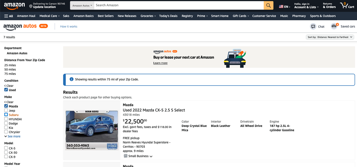 Amazon近期推出二手車販售服務。