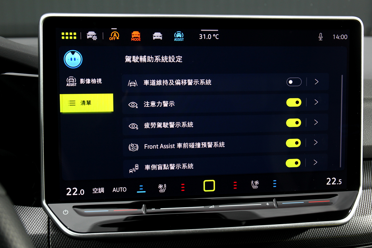 Travel Assist智慧車陣穿梭系統、Front Assist車前碰撞預警系統、後方輔助停車煞車功能、RTA後方橫向車流警示…等系統都是標配。