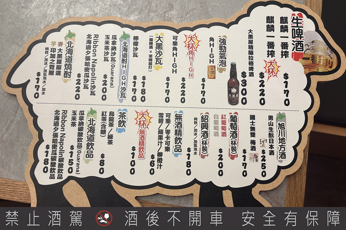 北海道《旭川成吉思汗 大黑屋》台北店菜單。(示意圖:品牌提供)