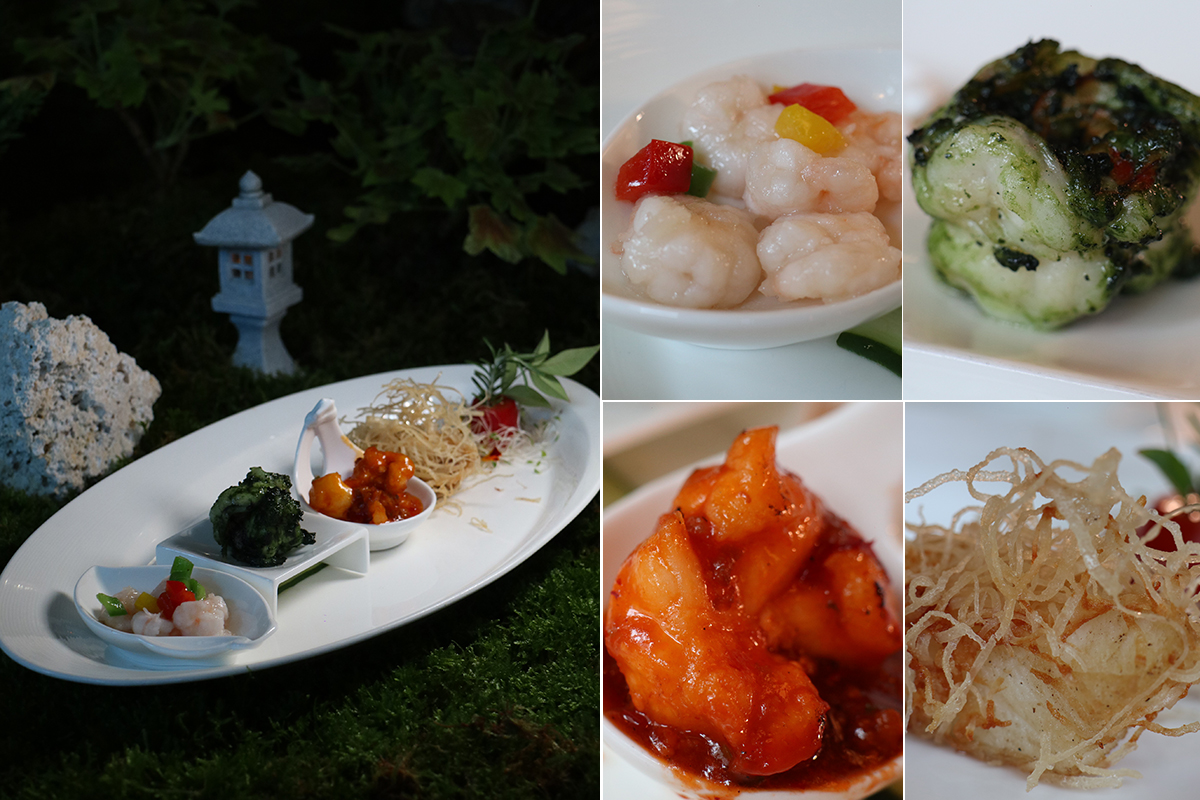 主菜海鮮河饌嚐珍饈 (河蝦仁/翡翠蝦球/乾燒龍蝦/金絲藍斑鱈)。(示意圖)