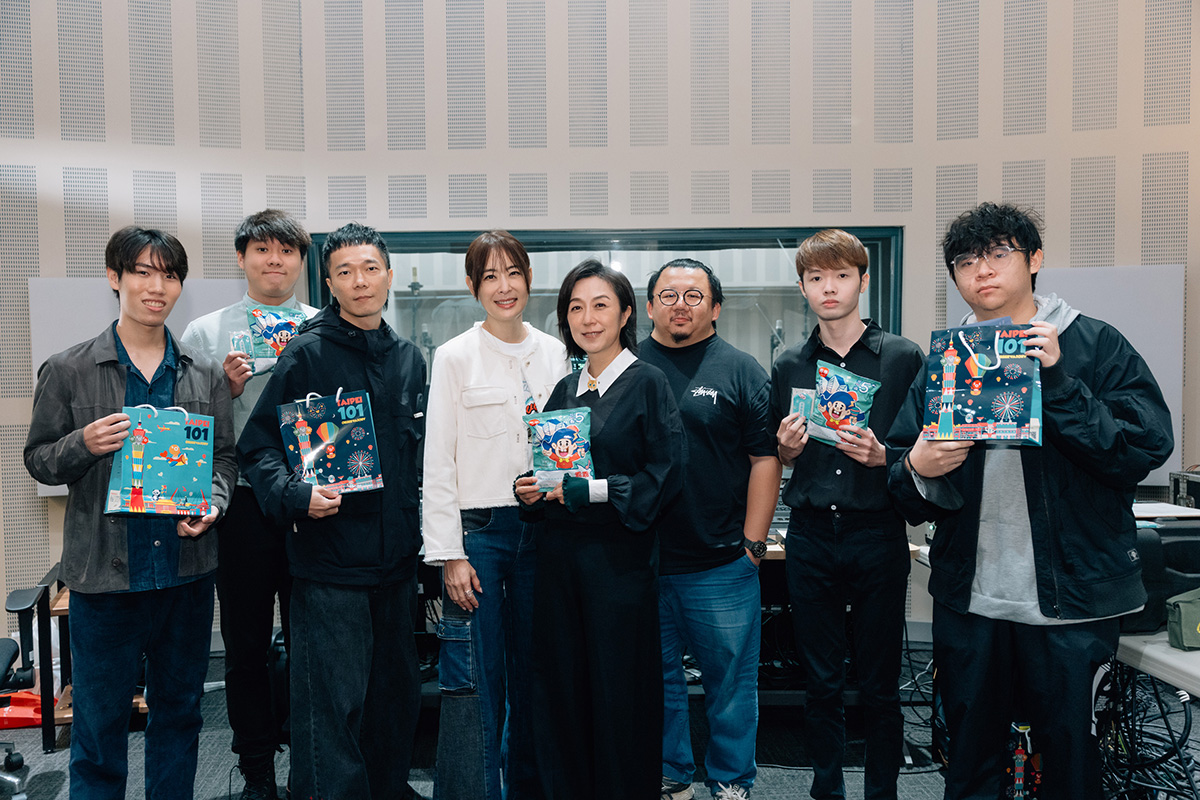 【車勢星聞】圖左至右分別是跨年煙火音樂徵選計畫入選者賴慕恩、詹維全、總製作人盧律銘、台北101董事長賈永婕、北流董事長黃韻玲、知名錄音師錢煒安、入選者張富隆和林樺霖。〈照片提供：北流〉