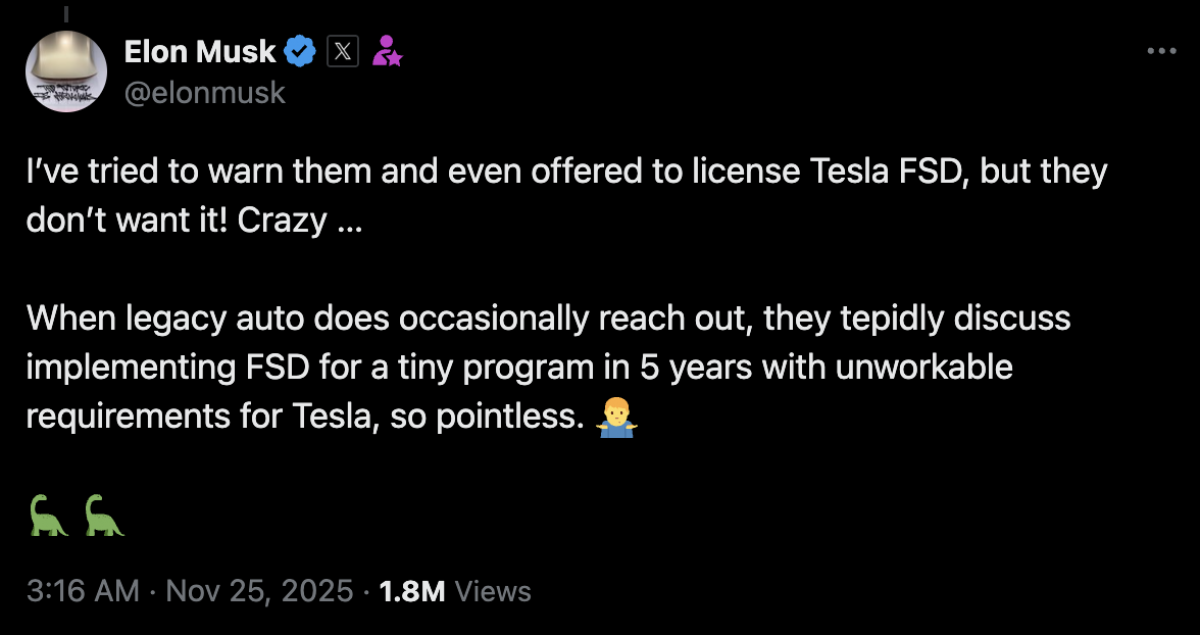 Elon Musk於社群平台X發文暗諷傳統車廠步伐緩慢。