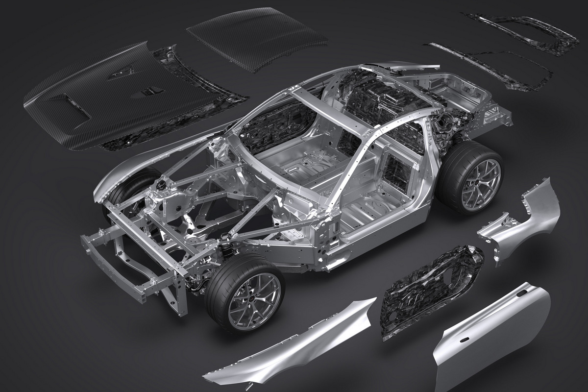 採鋁合金車架和引擎蓋、車頂碳纖維，GR GT原型車車重為1,750公斤。