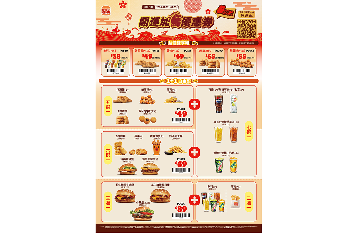 漢堡王「開運加馬優惠券」88種優惠餐點組合最優惠達5折。（示意圖：品牌提供）