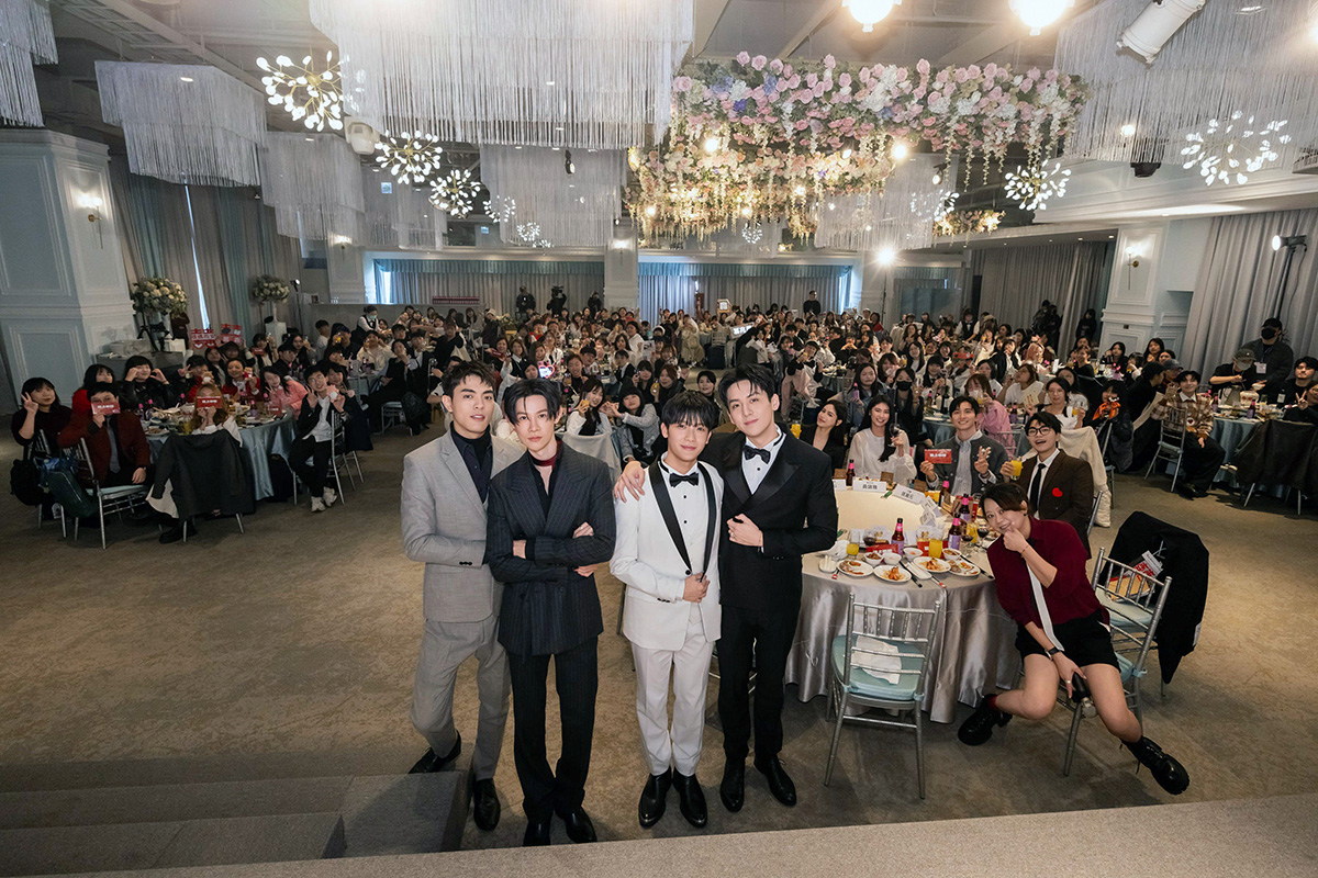 【車勢星聞】《我說愛你是真的》將婚禮情節搬進現實，邀請粉絲「喝喜酒」，打造沈浸式BL婚禮體驗，左起為楊翹碩、夏和熙、紀成澔、葛兆恩。（圖／結果娛樂提供）