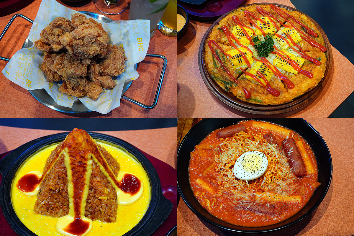 由左上順時鐘依序為「復古炸雞」、「紅王醬芝士辛奇拌飯」、「粉紅醬炒拉麵年糕」、「玉米起司辛奇煎餅」。