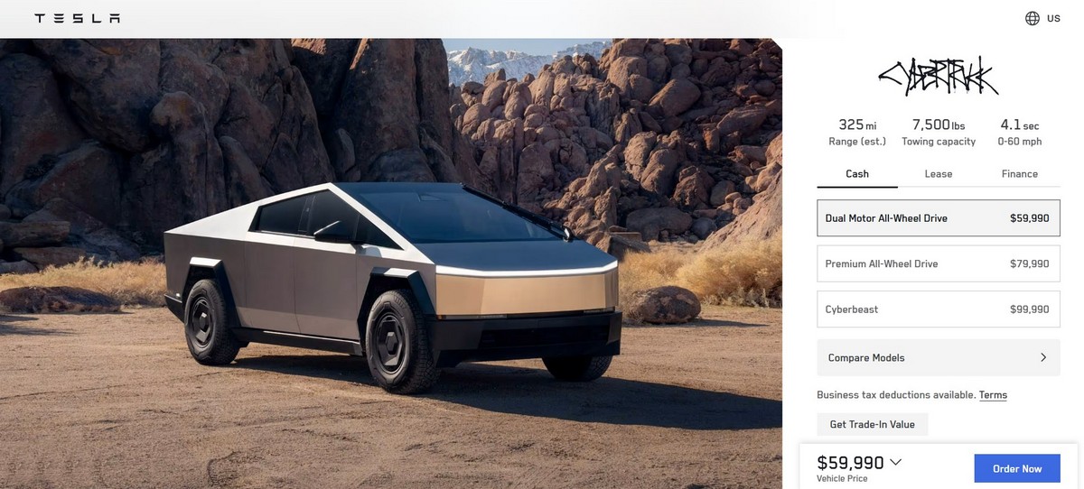Tesla推出售價59,990美元的雙馬達入門Cybertruck。
