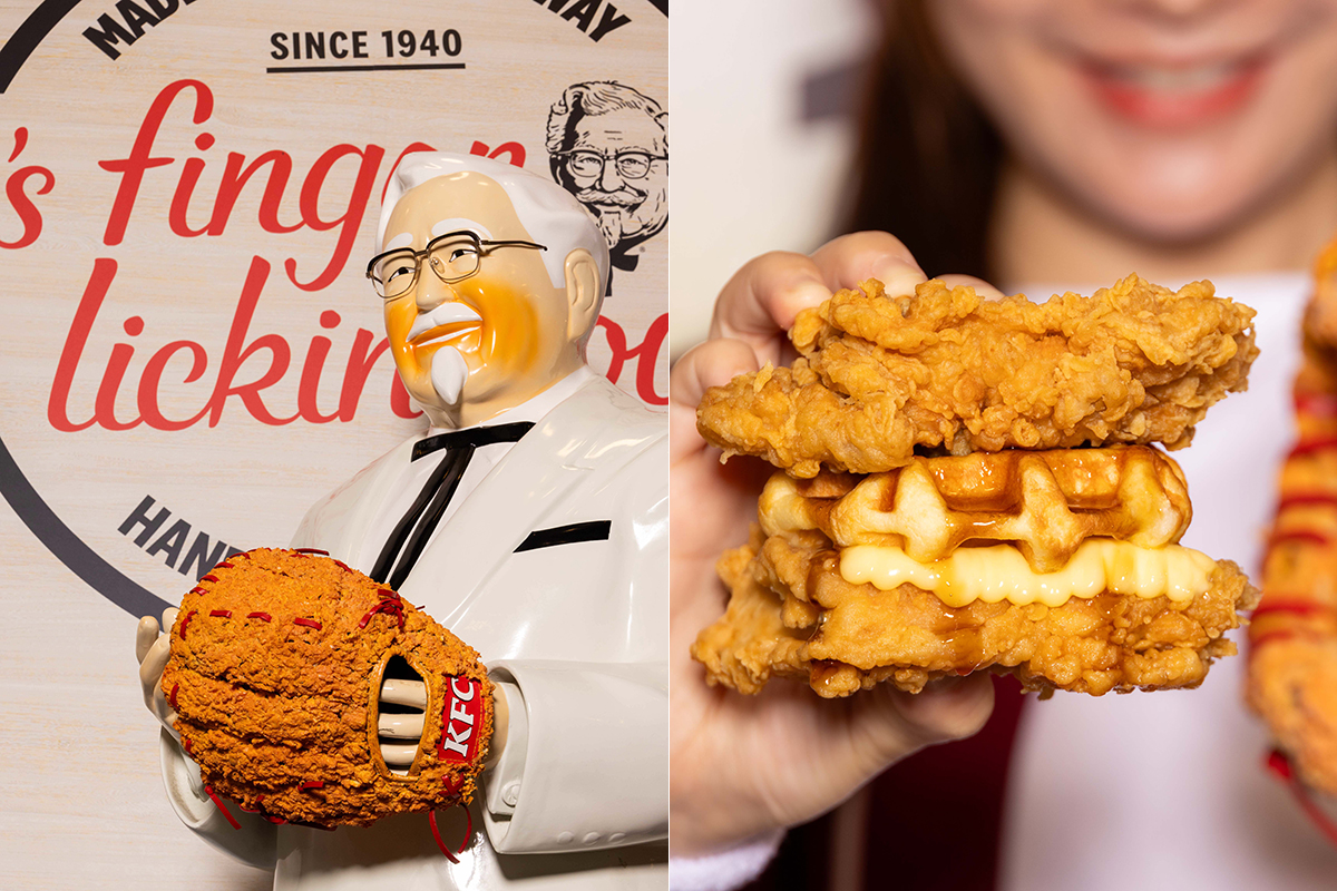 肯德基「楓糖風味鬆餅咔啦肉霸堡」強棒登場，肯德基爺爺戴肉霸手套熱血應援。（示意圖：品牌提供）