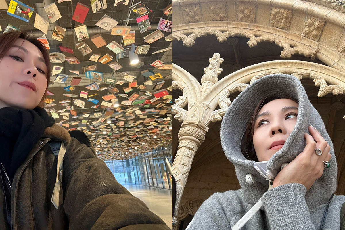 【車勢星聞】蔡健雅參觀伊斯坦堡現代藝術博物館的書海裝飾(左圖)；蔡健雅參觀里斯本的熱羅尼莫斯修道院(右圖)。(照片提供：躍耳娛樂)