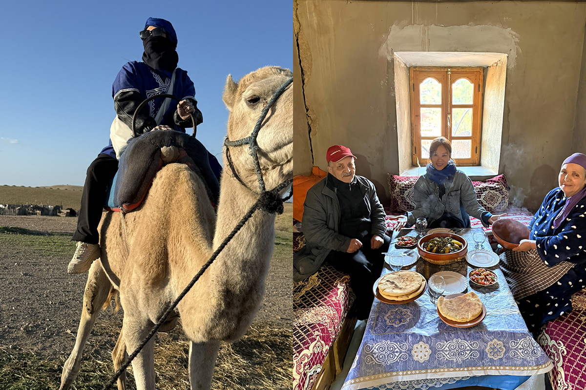 【車勢星聞】蔡健雅在摩洛哥阿加菲沙漠騎駱駝(左圖)；蔡健雅(中)在摩洛哥與當地柏柏人家庭用餐蔡健雅在里斯本發現者紀念碑拍照留念(右圖)。(照片提供：躍耳娛樂)