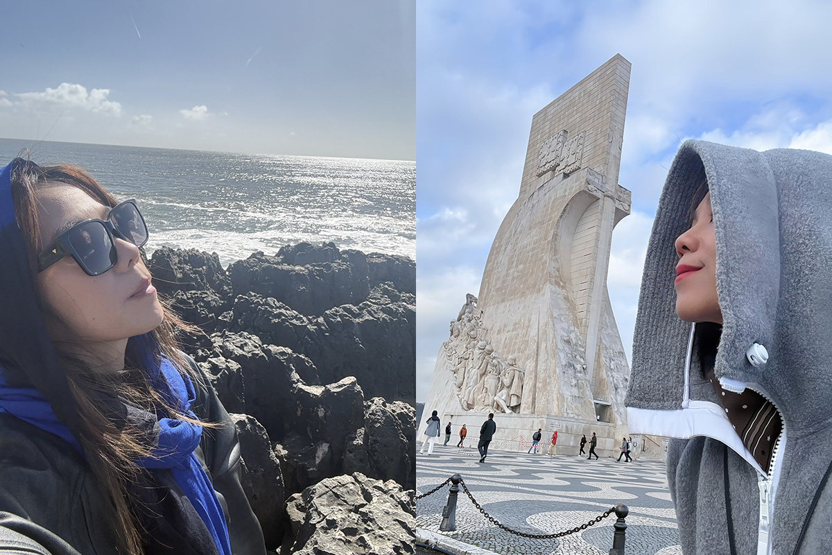 【車勢星聞】葡萄牙卡斯凱什壯麗的岩岸令蔡健雅讚嘆(左圖)；蔡健雅在里斯本發現者紀念碑拍照留念蔡健雅在里斯本發現者紀念碑拍照留念(右圖)。(照片提供：躍耳娛樂)