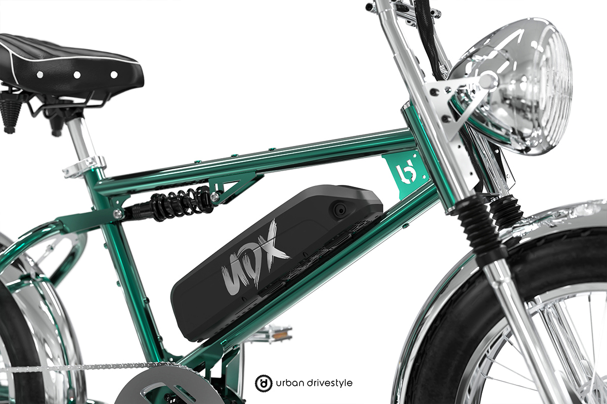 36V 14Ah 鋰電池整合於車架，電鍍 LED 復古頭燈點睛，美學與續航兼得。