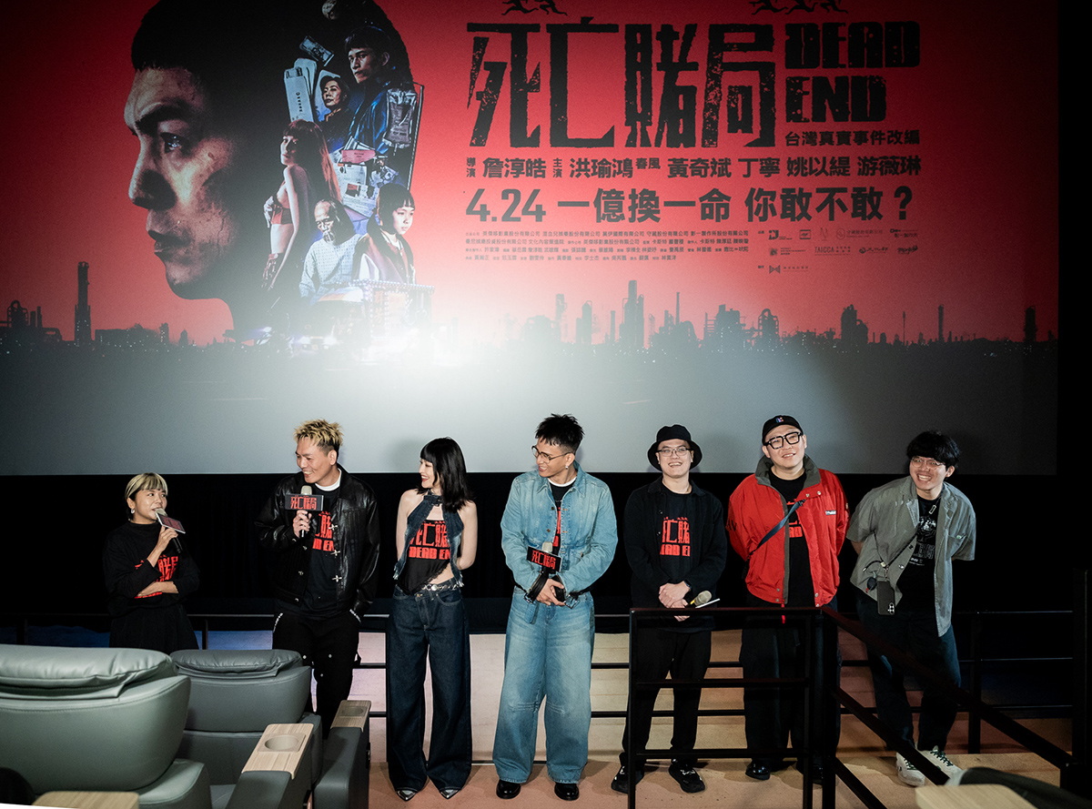 【車勢星聞】犯罪動作電影 《死亡賭局》今首次舉行媒體試片會，左起為製作人陳映璇、主演春風、姚以緹、黃奇斌、導演詹淳皓、製作人卡斯特、Vincent 。(照片/英傑哆影業提供)