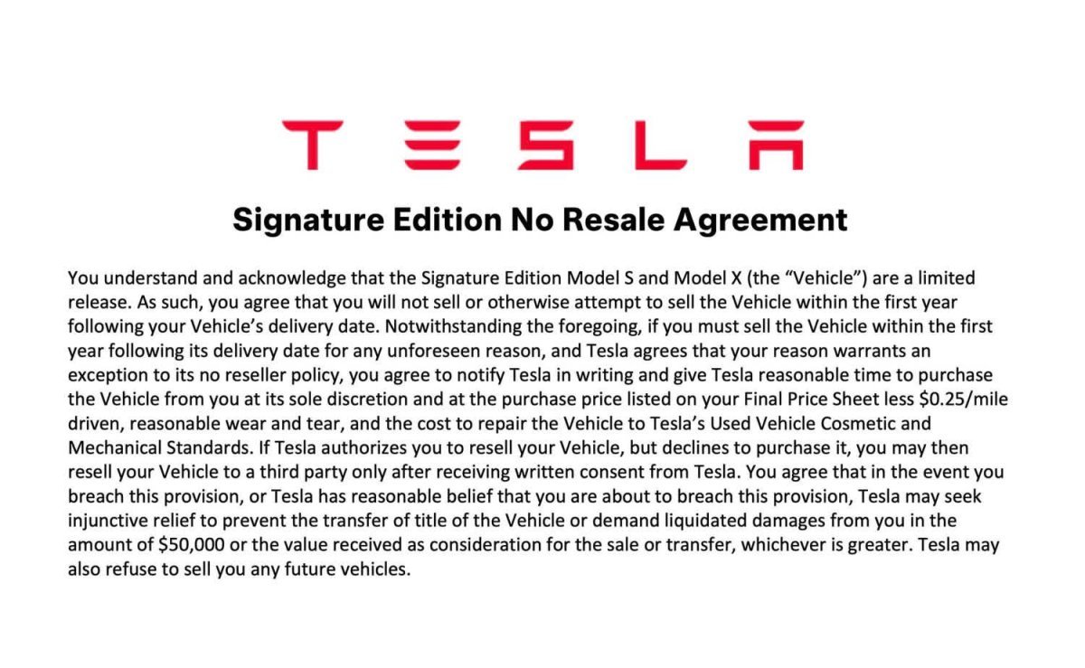 由於Model S/Model X Signature採限量和邀請制販售，因此也必須簽一年內禁止轉售協議，違者會被收取5萬美元。
