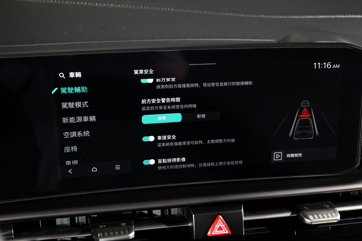 配備智慧巡航控制、車道維持、前方主動防撞輔助、盲區防撞煞車輔助、後方交通防撞主動煞車輔助、盲區顯影輔助、環景輔助，小改新增停車車距警示、停車防撞輔助、側風穩定控制系統。