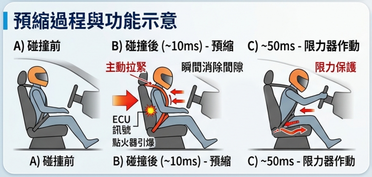 預縮式安全帶作動示意圖。