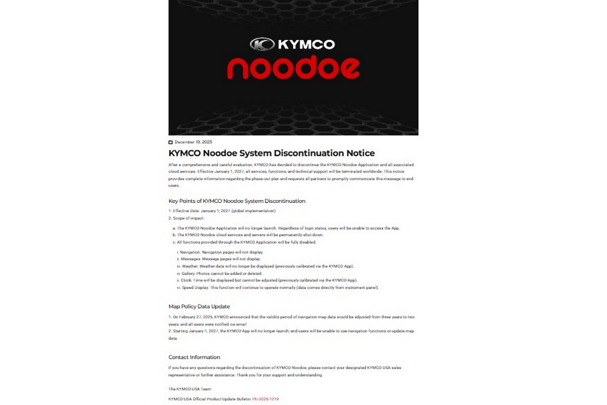中國與美國光陽都宣布「Kymco Noodoe車聯網」將於2027年1月起全球停用通知。
