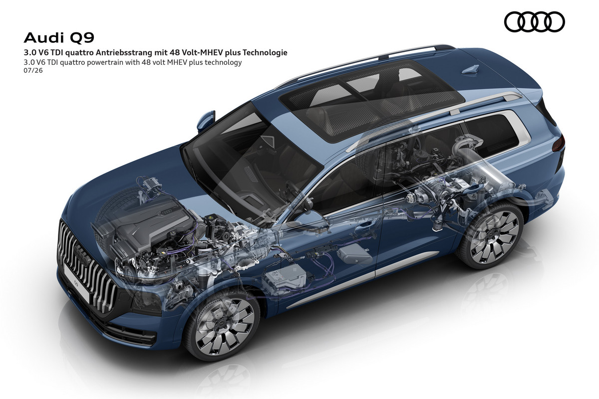 Q9搭載3.0升V6柴油引擎+48V輕油電，提供241hp/51kgm與295hp/64.2kgm兩種動力出。