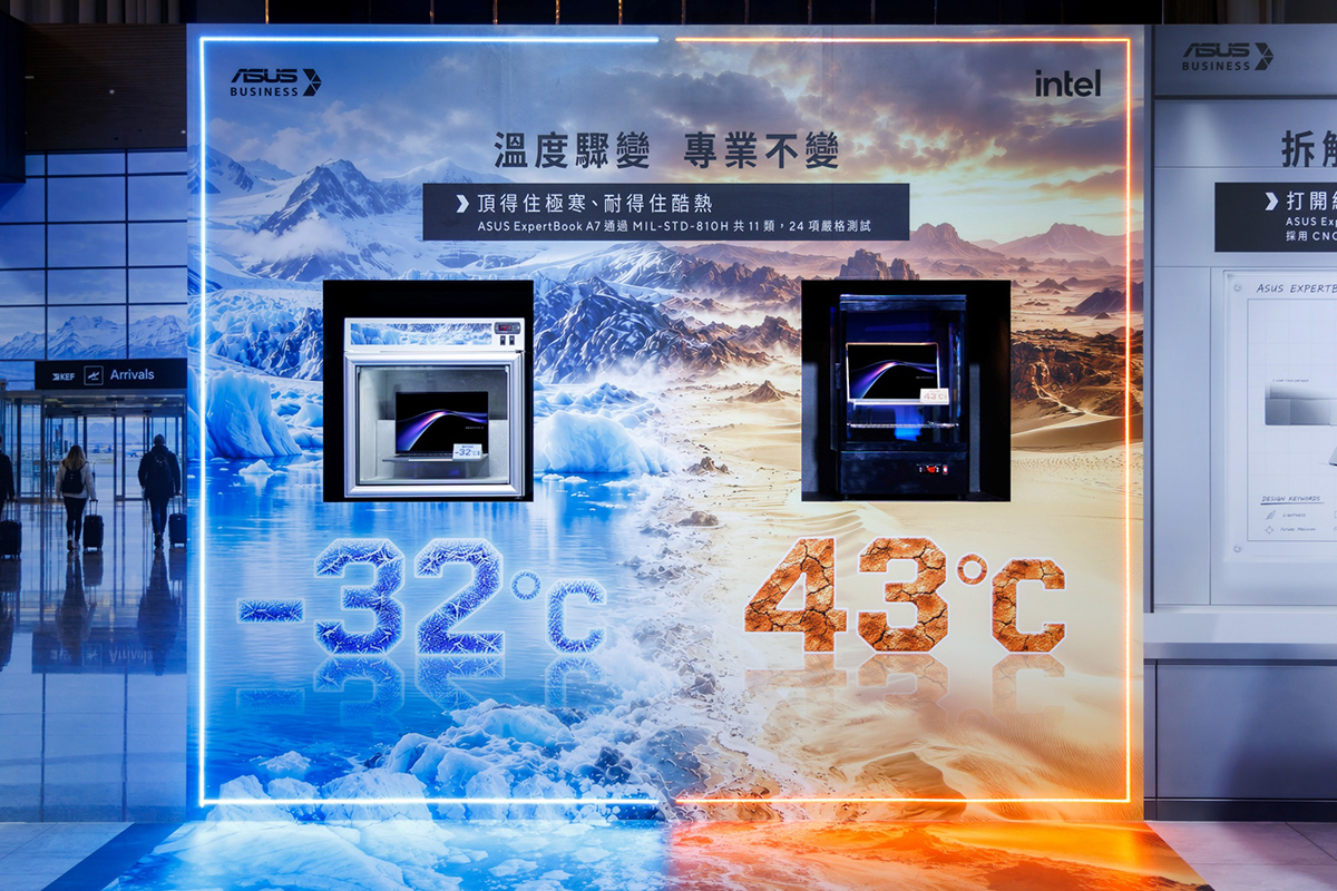 ASUS ExpertBook A7可於43°C高溫與-32°C極端低溫環境正常開機運行。