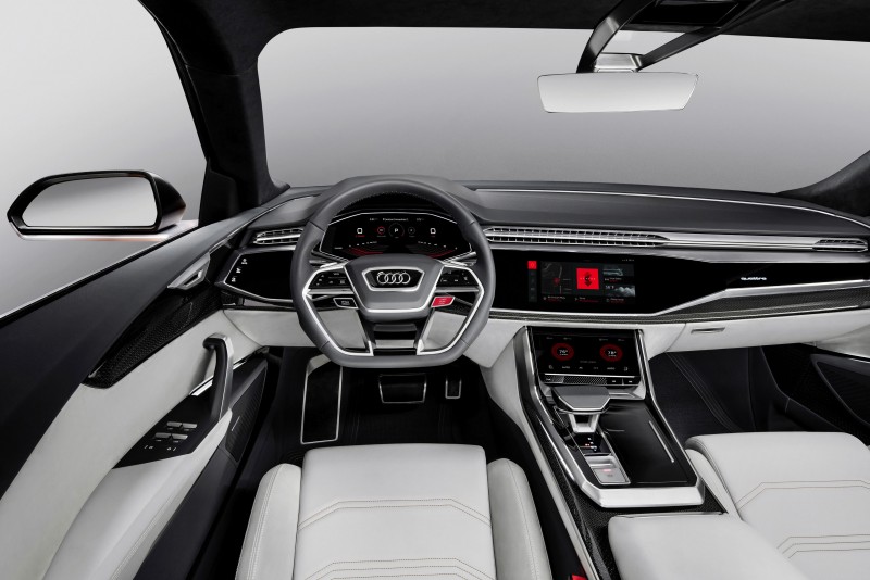 全新Audi Q8 sport concept概念車的Android系統,可讓駕駛者即便沒有智慧型手機,也可以自由在MMI上操作串流或是APP服務;也可在導航的時候決定是要使用Audi的HERE圖資系統導航,或是選用google map來導航。