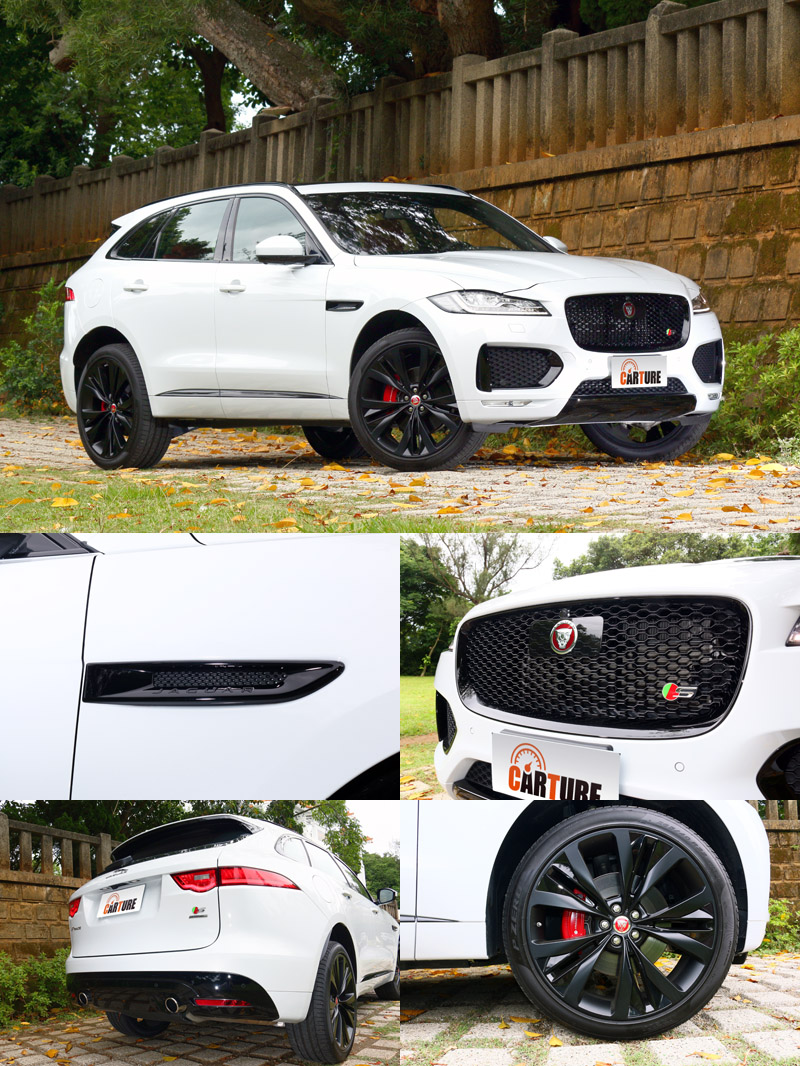 F-Pace S在外觀上多了許多黑色烤漆套件,包括有格狀水箱護罩、車側散熱孔、後分流器與22吋輪圈等,並在車頭有「S」字樣徽飾。