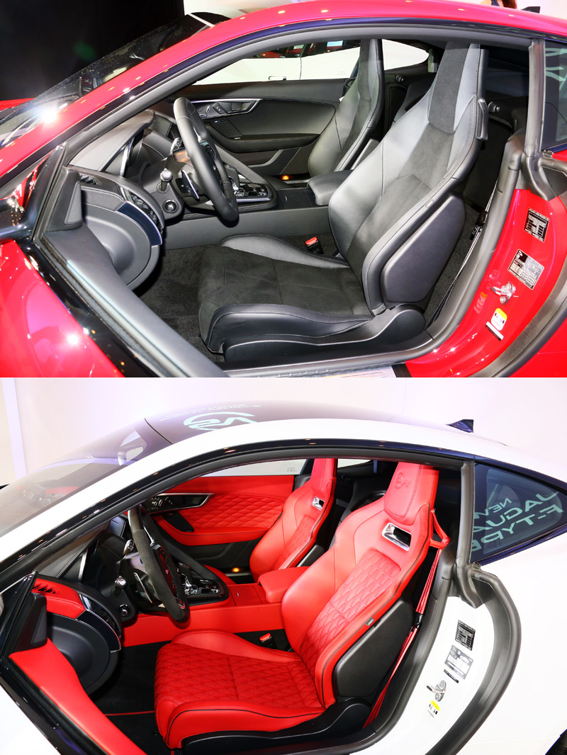 上圖為New F-Type Coupé 車型配置之輕量化跑車座椅,下圖為New F-Type SVR 車型配置的高性能賽車座椅並搭配以菱格紋工法的頂級全真皮包覆。