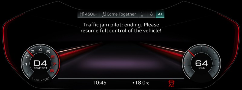 當車輛行駛速度超過60km/h或前方交通阻塞情況逐漸消退時,Audi AI traffic jam pilot系統將會發出三階段提醒預告,告知駕駛者準備接管車輛行駛,從初步的視覺提醒訊息、進而聲音提醒警示,當駕駛仍未察覺或無故忽略警示時,系統將會主動降低車速直至車輛靜止或駕駛接管操作為止,確保駕駛、全車乘員及周遭車輛的行車安全。 