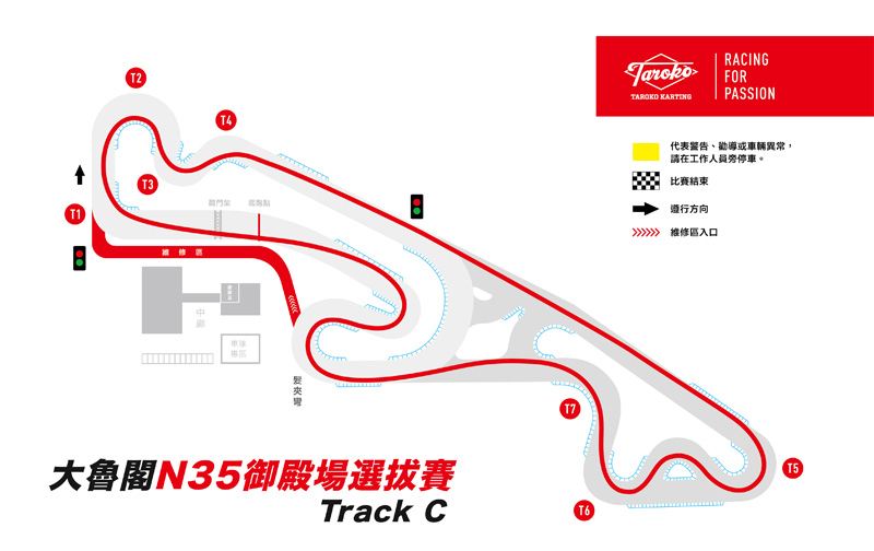 大魯閣Track C賽道近幾年較常使用,直線底5號彎角結束後再勾進減速彎中,對車手掌握帶剎入彎還有方向盤的控制是個很好的測驗彎道。