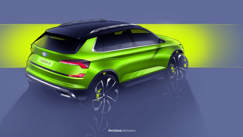 Vision X採用Skoda經典車色 FlexGreen塗裝,除了在車窗下緣加上鍍鉻飾條,車體最下方以及圓形輪拱邊緣也都有防刮飾板