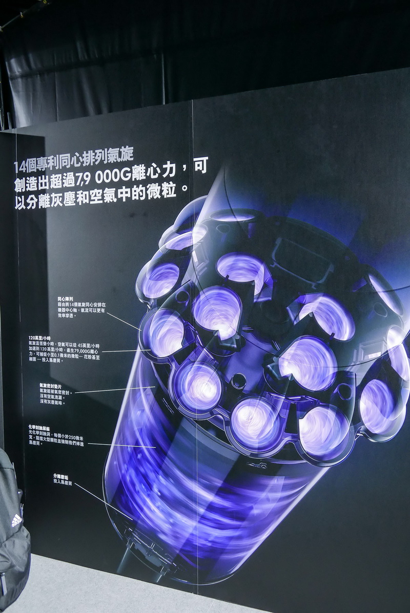 Dyson Cyclone V10 TM 吸塵器配置14個氣旋,在機器中心軸同心精準排列,每個氣旋內部 氣流時速高達193公里,形成超過79,000倍的離心力,有效分離微塵與氣流。