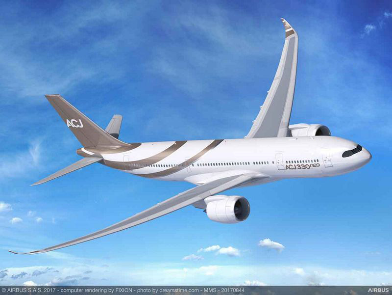 ACJ330neo是AIRBUS於2017年推出的最新世代寬體商務客機,機內擁有約215.6平方公尺〈約65.2坪〉的寬敞空間,可搭載25人,最大航程達17400km,可由台灣桃園機場直飛南美洲西北半部都不成問題。
