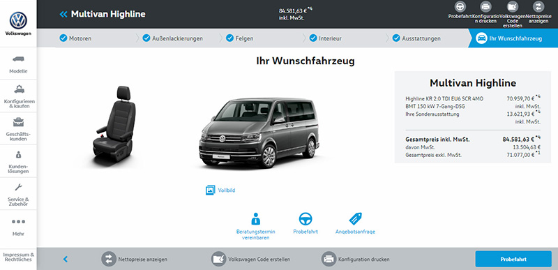 在德國,選上與台灣福斯商旅所引進的Multivan 2.0 TDI Highline相近配備後,總售價高達84,581.63歐元(相當於新台幣297.5萬元),比起台灣買還要更貴。