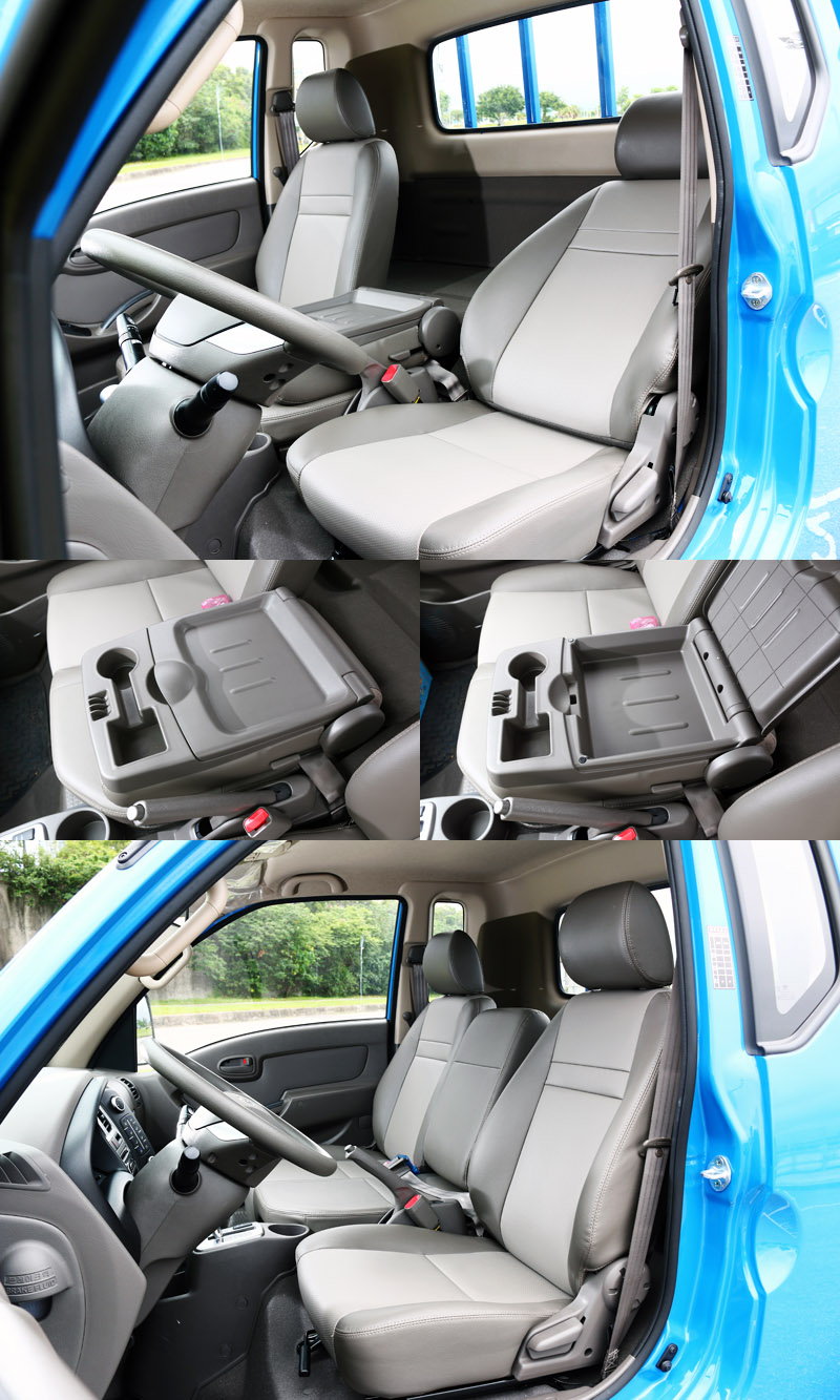 Hyundai Porter豪華型框式貨車在增加1/4廂後,給與座椅向後傾的空間,提升休憩機能,三座式座椅設定中央座椅可向前翻倒做為中央扶手與置物空間。