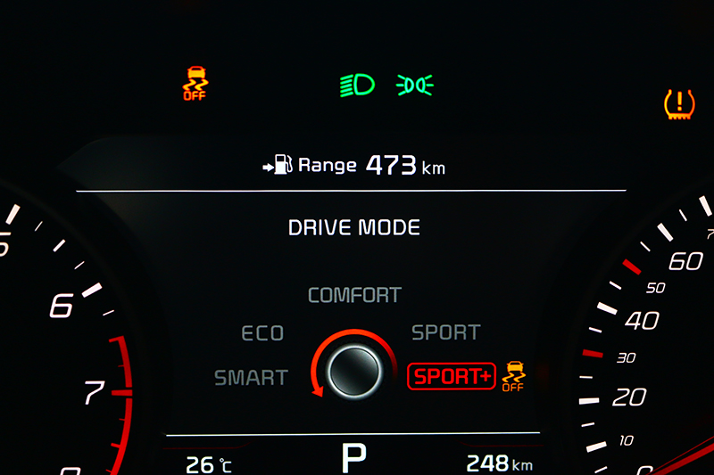 針對行駛Stinger提供Smart、ECO,Comfort、Sport、Sport+五種模式。