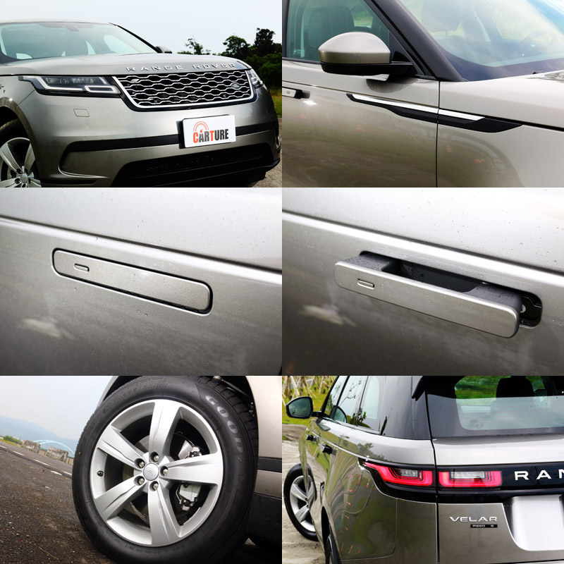 Range Rover Velar 保有了Range Rover蜂巢式水箱護罩、前葉子鈑飾條、深刻腰線等經典元素,而自動伸縮式車門把手則是全心特色。