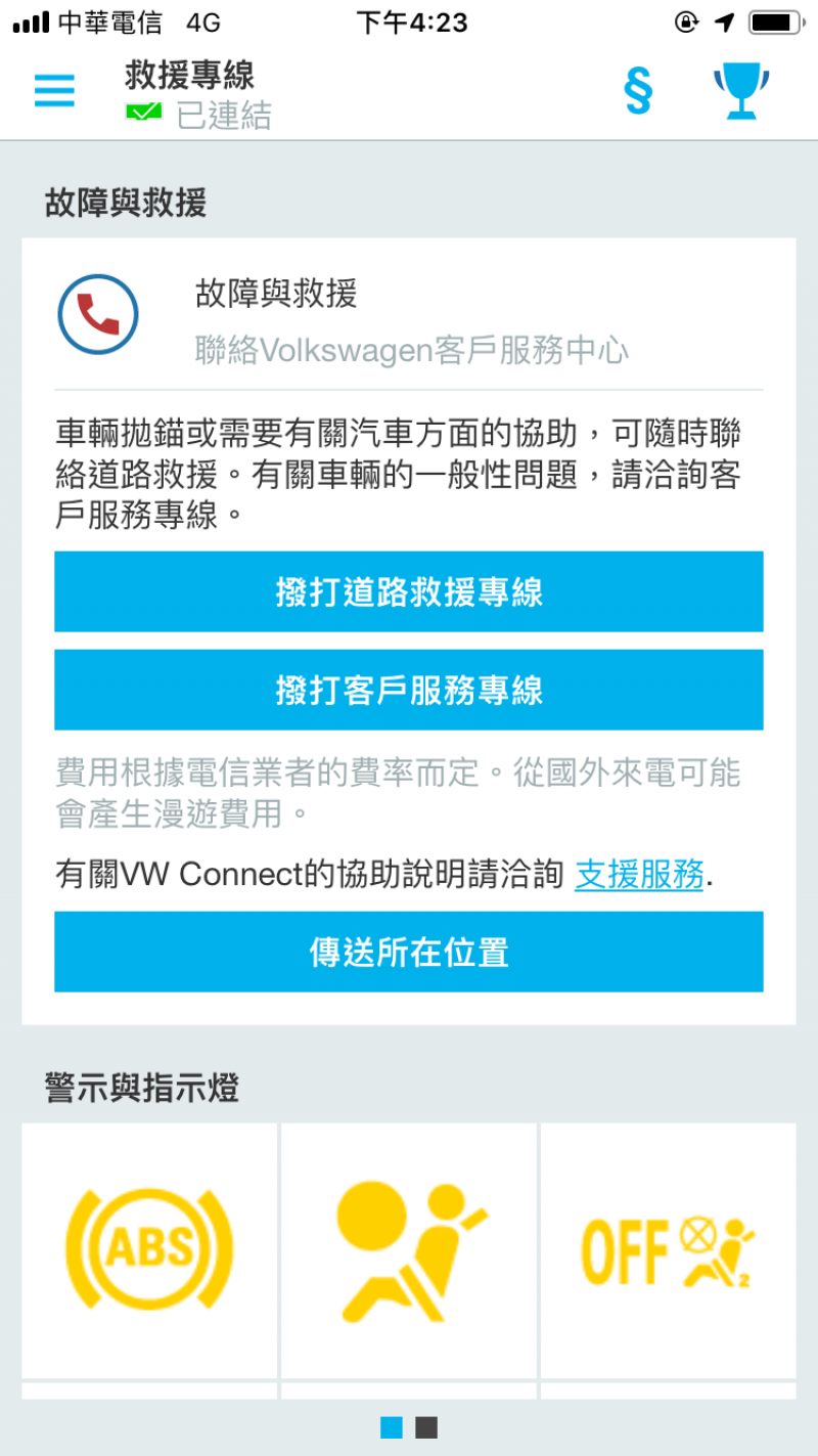 透過福斯智聯能立即傳送位置尋求協助,並能依警示燈做線上排除動作。