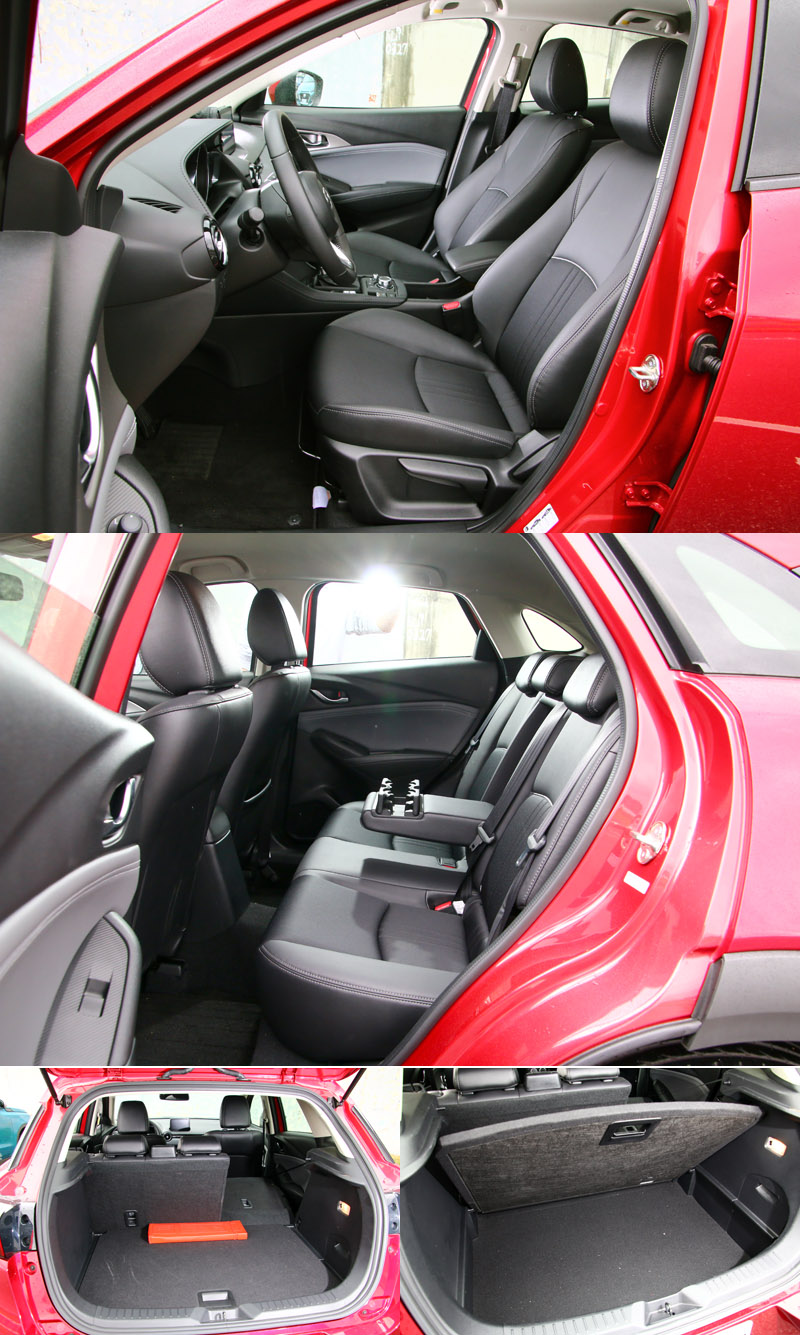 CX-3受制於造型設計,頭部空間較其它對手侷促,縱向空間也略遜一籌。但與Vitara相同都有雙層行李廂設計。