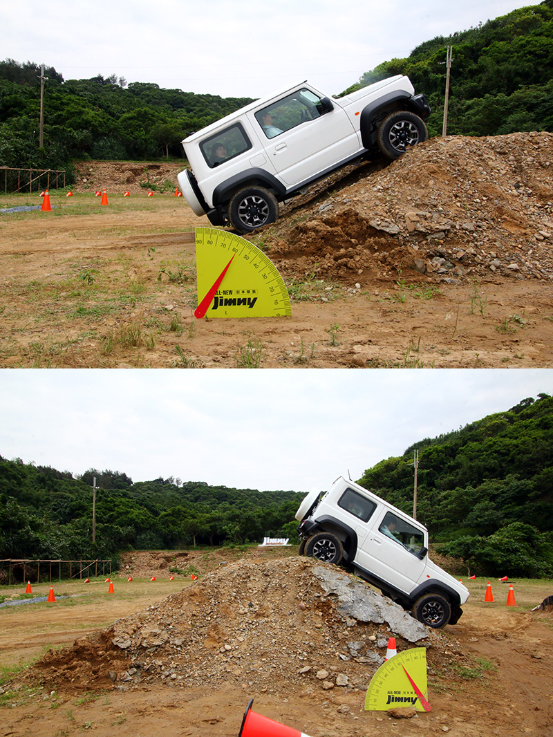 爬坡路段─用以體驗進入角與離去角,並配有斜坡輔助與緩降系統。