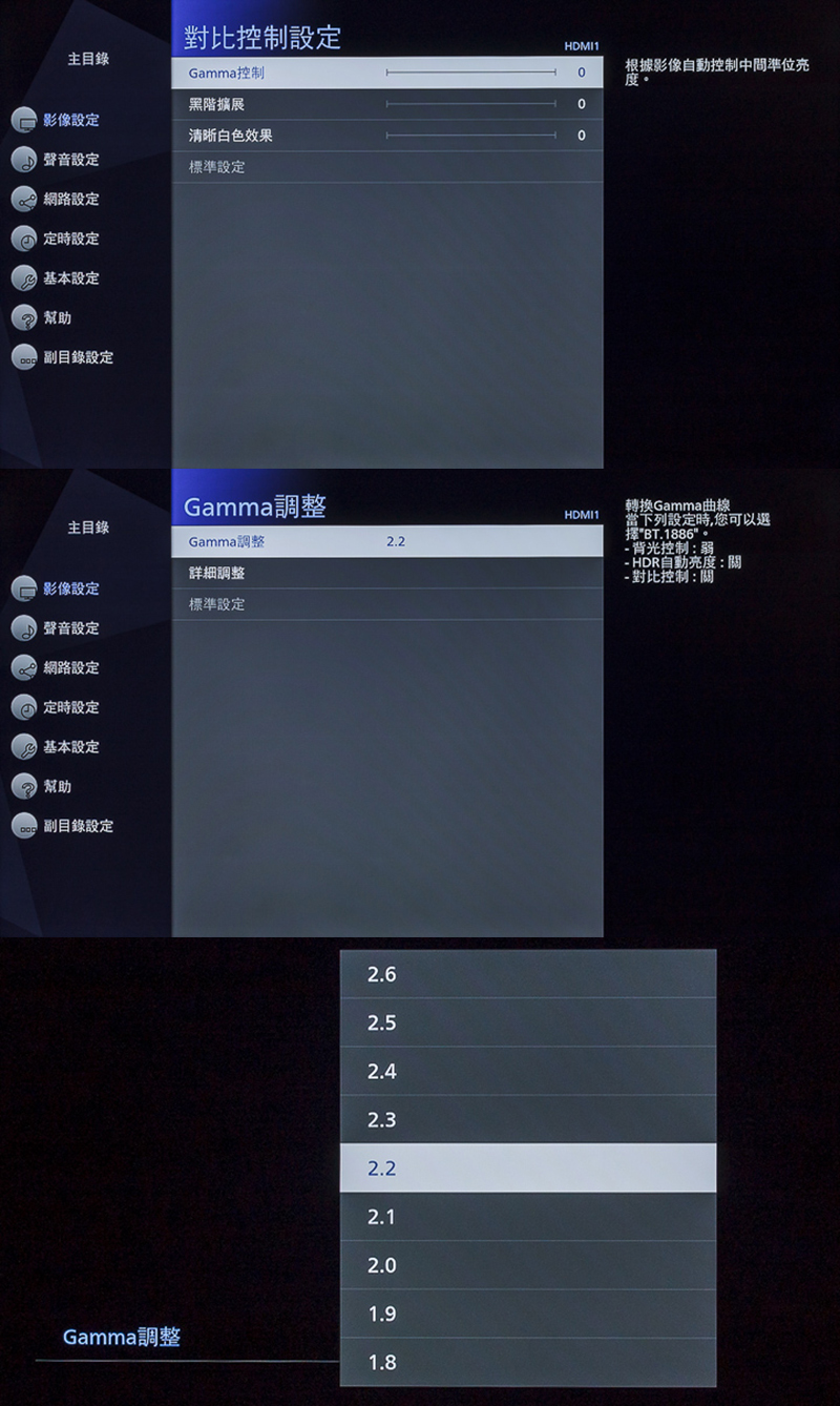 這三張選單介面圖,分別看到對比控制、Gamma 調整以及 Gamma 項目清單,為何特別強調Gamma,因為許多人習慣將畫面亮度、對比、飽和度、銳利度調整一下,就覺得足夠,但實際上要徹底發揮一台電視的影像魅力,絕對需要更多調整不同參數,透過不同項目的交互配合,創造出最佳畫面表現,所以在小編調整 Gamma 前,會先調校亮度、對比等基本參數,完成亮部以及暗部效果設置,再行調整 Gamma,豐富中間灰