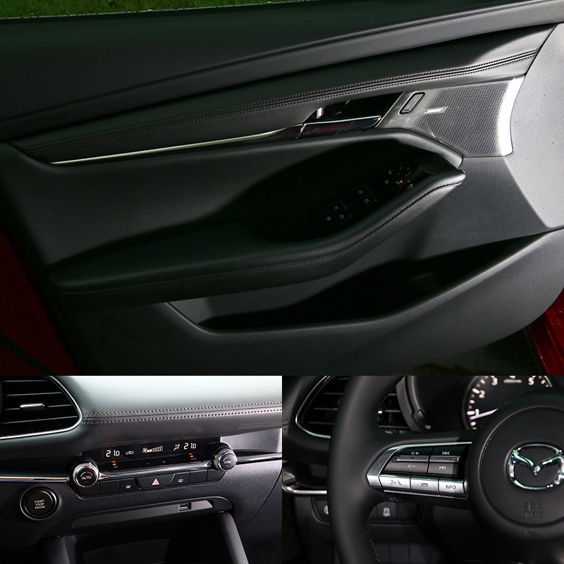新Mazda3車內基本上就是以黑色為基調搭配褐色縫線,並儘在按鍵、出風口外框等小部分以類金屬材質點綴,減少了繁雜地顏色堆疊,並在材質與操作介面回饋之質感上精進,整體質感與設計勝過許多豪華車。