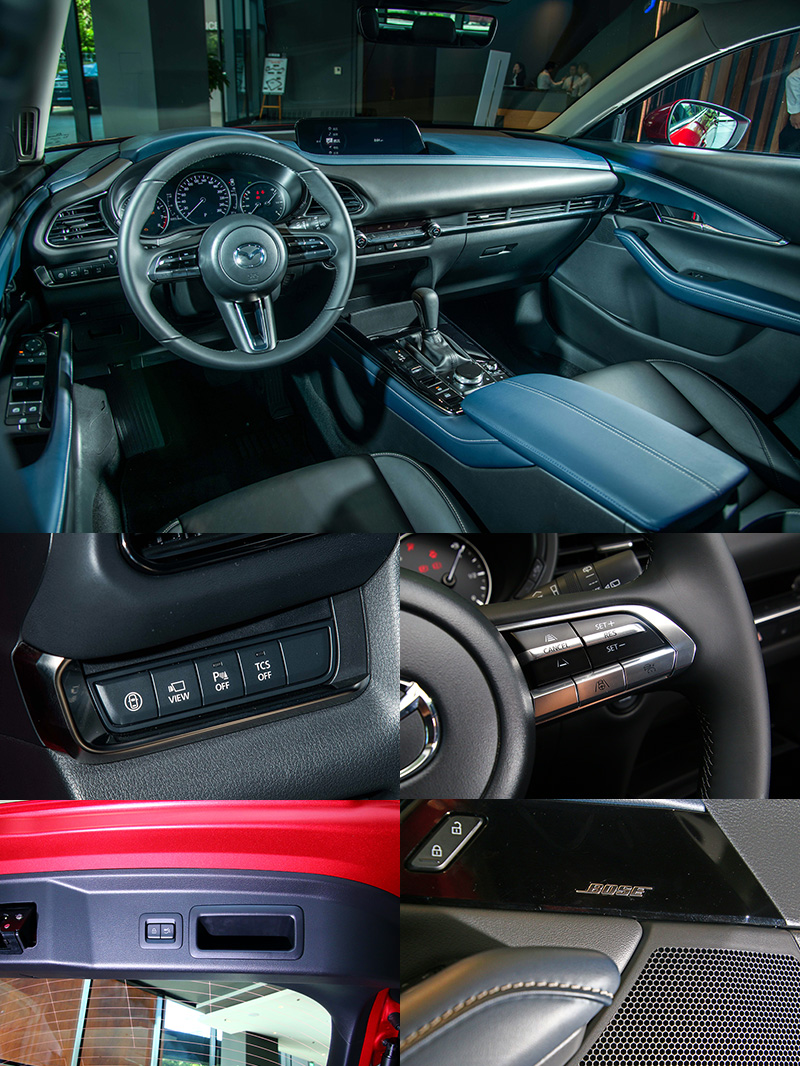 CX-30採內裝較CX-3與Mazda3不同的是,採用更活潑的藍/黑配色。而包括:Bose音響、MRCC全速域主動車距控制巡航、CTS巡航模式車道維持輔助、SBS-RC智慧後車盲區煞車輔助系統,以及電動尾門等則會依車型等級不同搭配搭載。