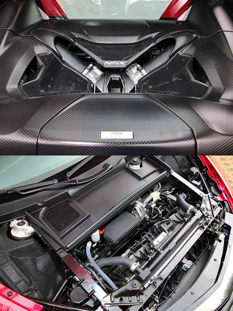 NSX搭載之油電複合動力系統,由一具3.5L 75度夾角V6 DOHC 雙渦輪增壓引擎,搭配分別裝置於前軸的兩具與後軸一具之電動馬達而成。