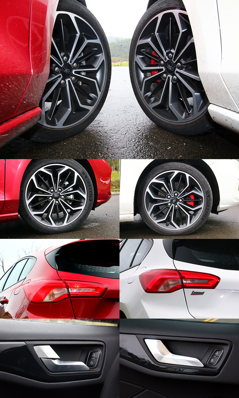Focus ST-Line〈左紅車〉與Focus ST-Line Lommel〈右白車〉除了後懸吊系統不同外,其他差異幾乎微乎其微,Focus ST-Line Lommel煞車前後碟盤尺寸加大至308mm與302mm2mm,並改採紅色卡鉗,Focus ST-Line Lommel在車尾則改採LED尾燈、配有專屬銘牌以示身分,車內則是門鎖扣開關設計不同,Focus ST-Line Lommel回歸歐系車較常使用的兩段式拉柄設計〈第一段解鎖、第二段開啟〉,Focus ST-Line 則有獨立鎖扣。