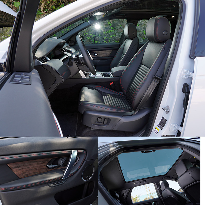新Discovery Sport 車內整體質感較前代進步許多,同樣提供多種內裝配色、座椅與飾板可選擇,試駕車具備R-Dynamic專屬檀木黑織布座椅,搭配火星紅縫線,並選配了全景式天窗。